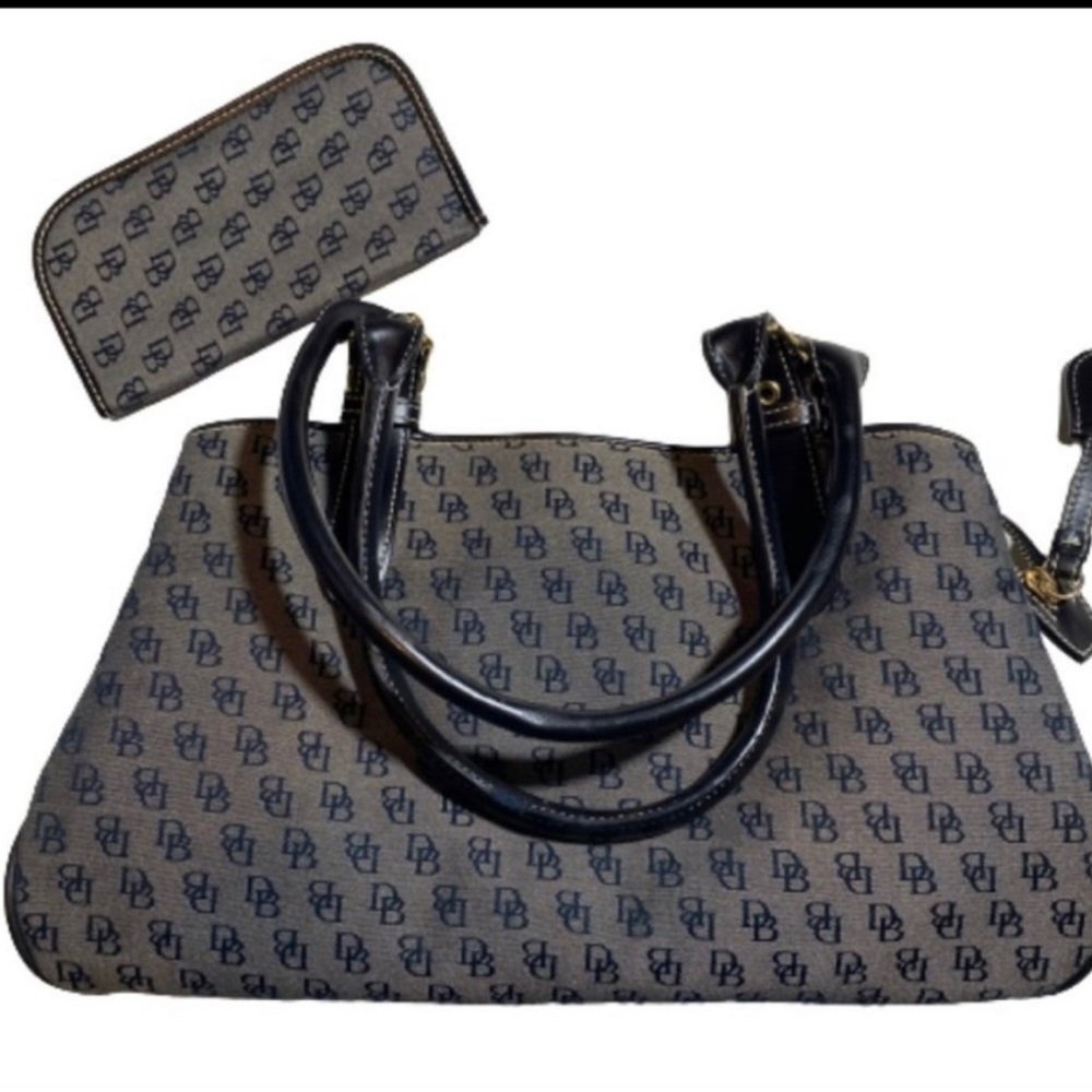 Gray Buckle Satchel Black Leather Trim By Dooney & Bourke With Sunglass Case